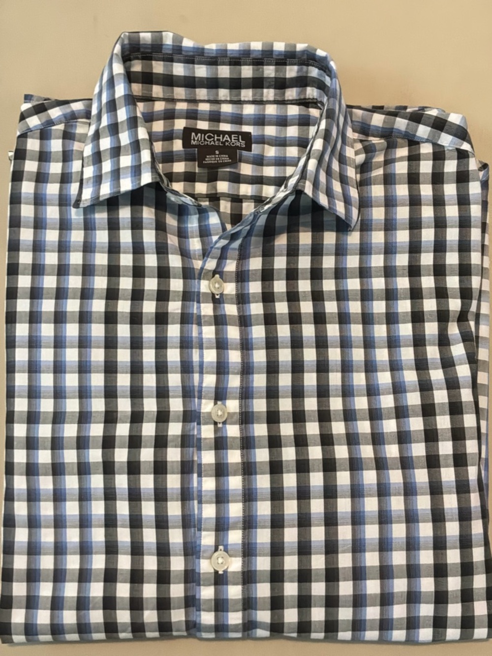 Michael Kors Men’s Blue, Black and White Check Dress Shirt